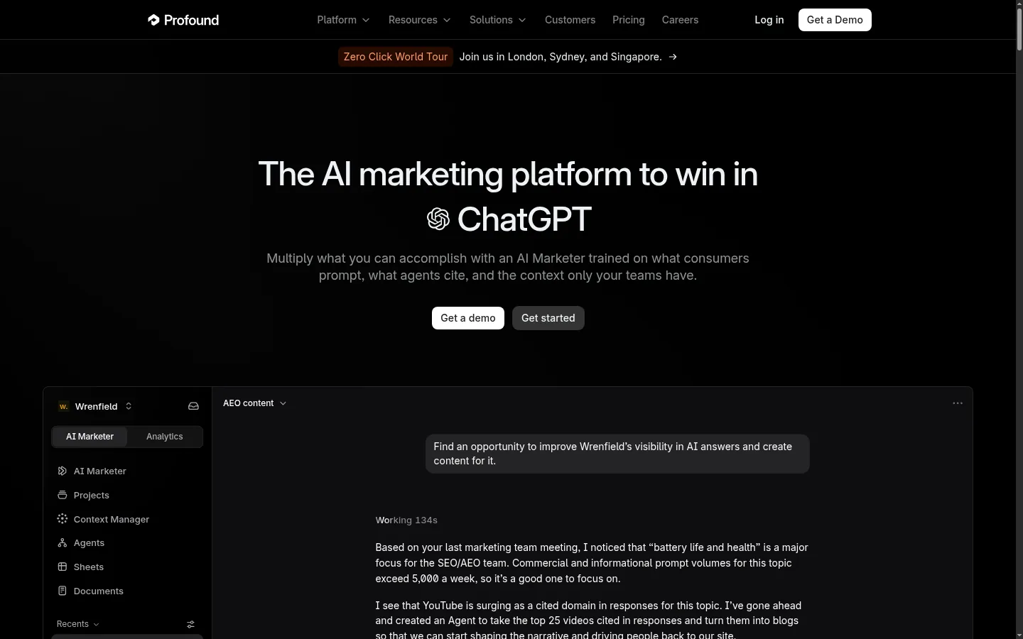 Profound website, showing the homepage