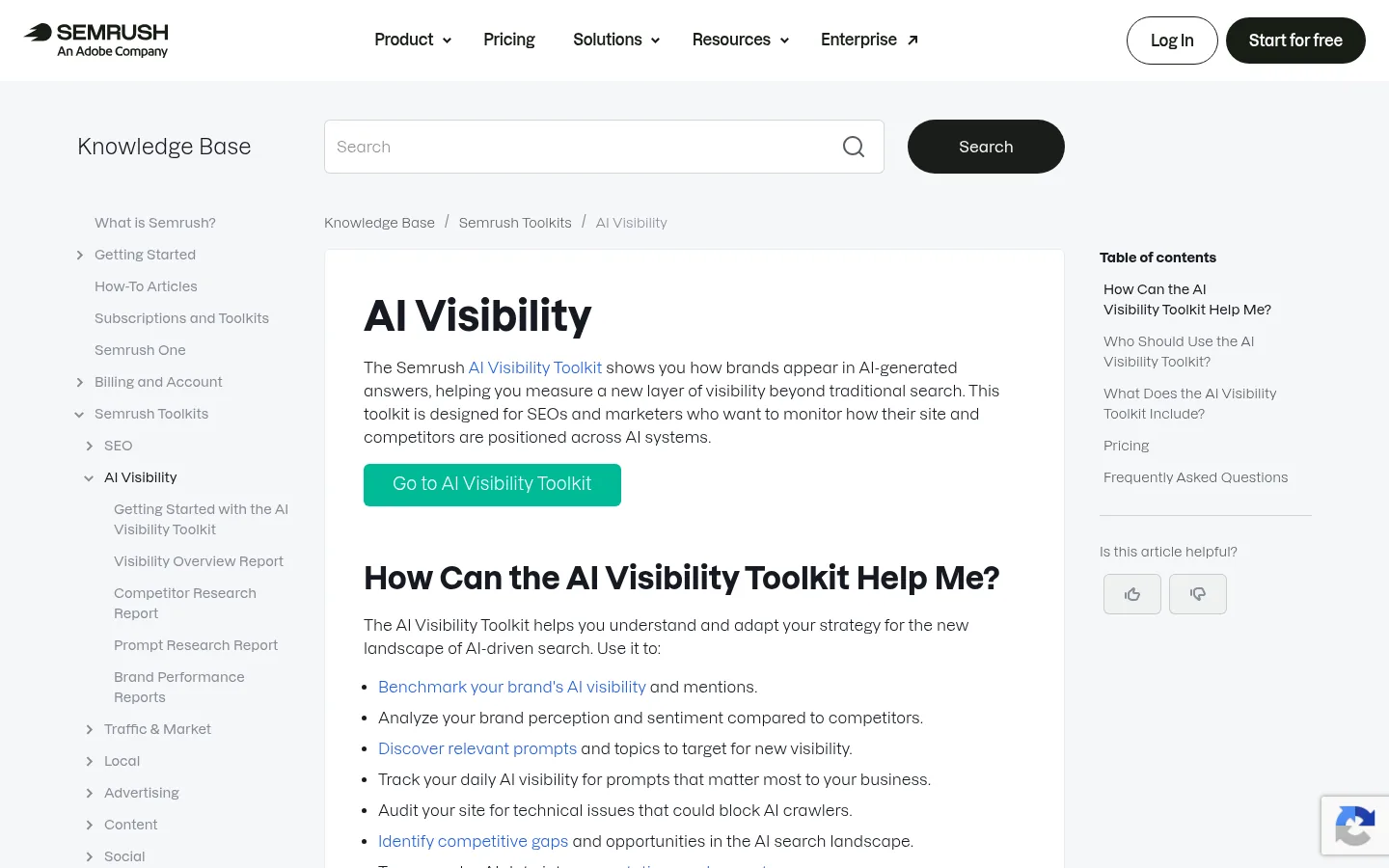Semrush AI Visibility Toolkit website, showing the homepage