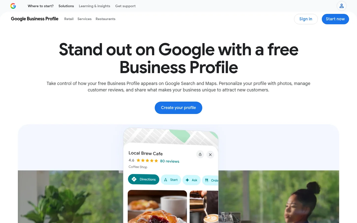 Google Business Profile website, showing the product page