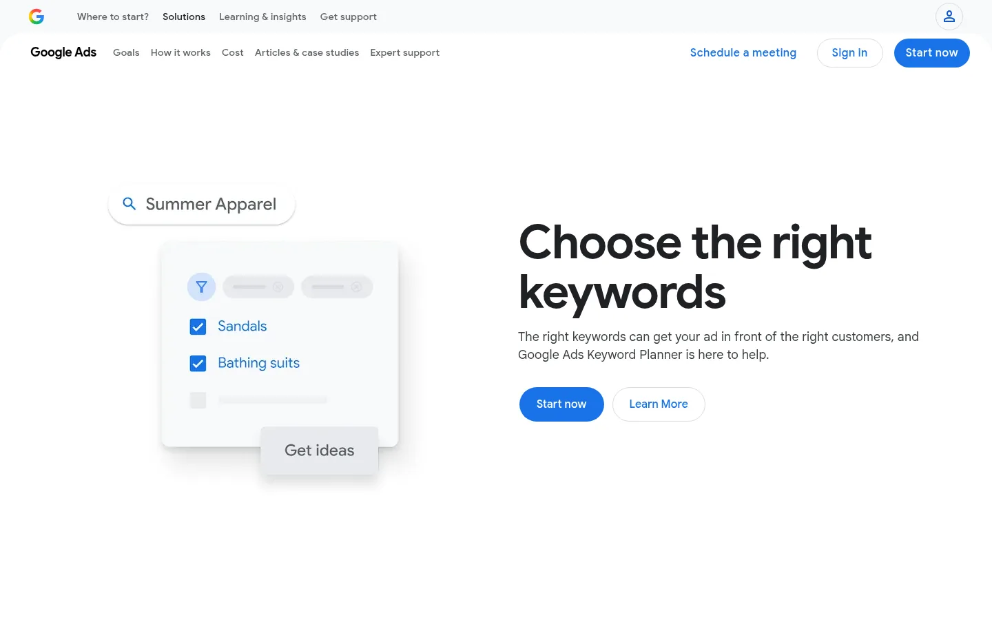 Google Keyword Planner website, showing the product page