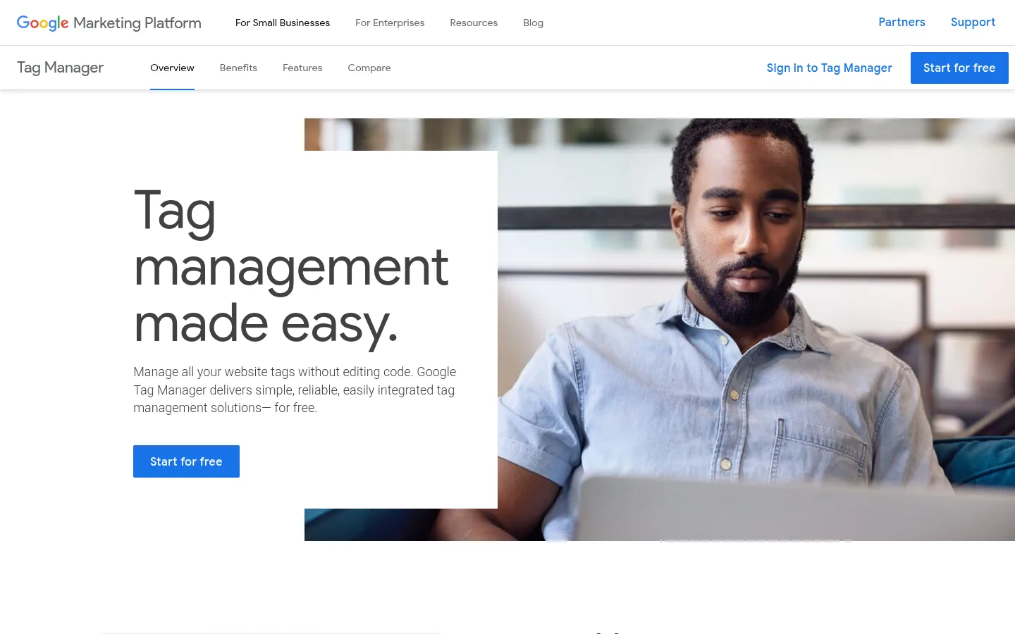Google Tag Manager website, showing the product page