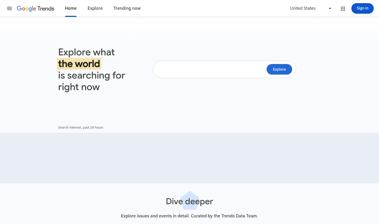 Google Trends website, showing the homepage