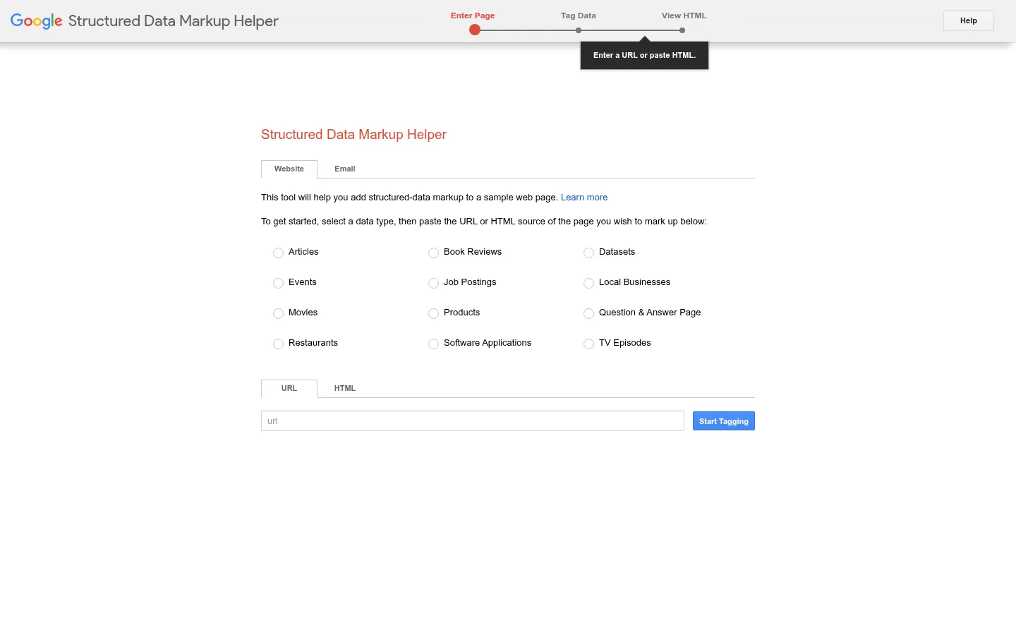 Structured Data Markup Helper website, showing the product page