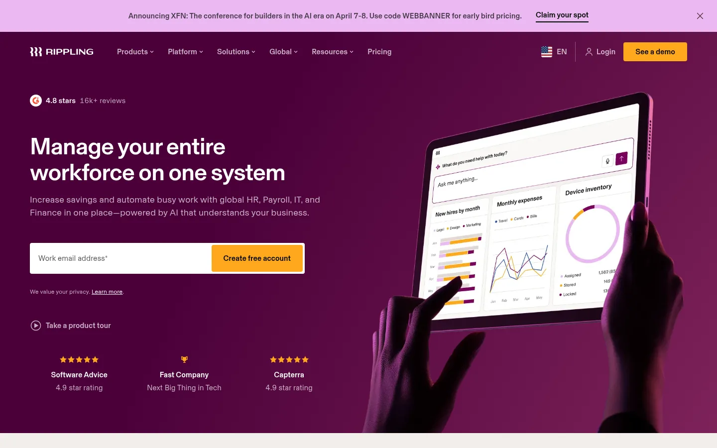 Rippling website, showing the homepage