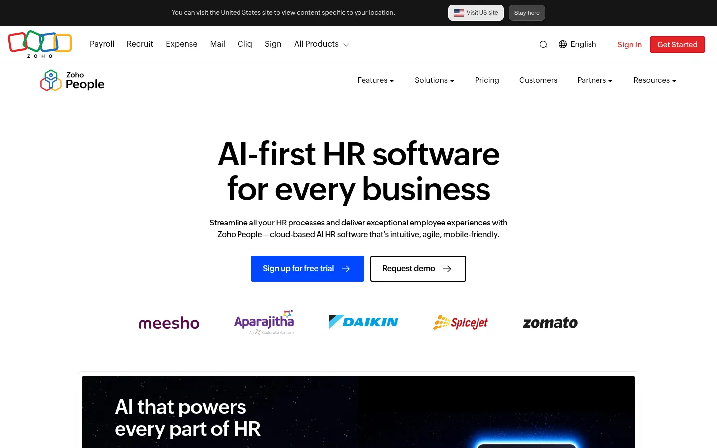 Zoho People website, showing the homepage
