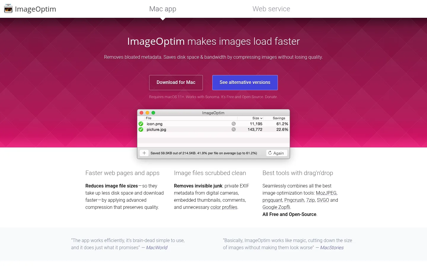ImageOptim website, showing the homepage