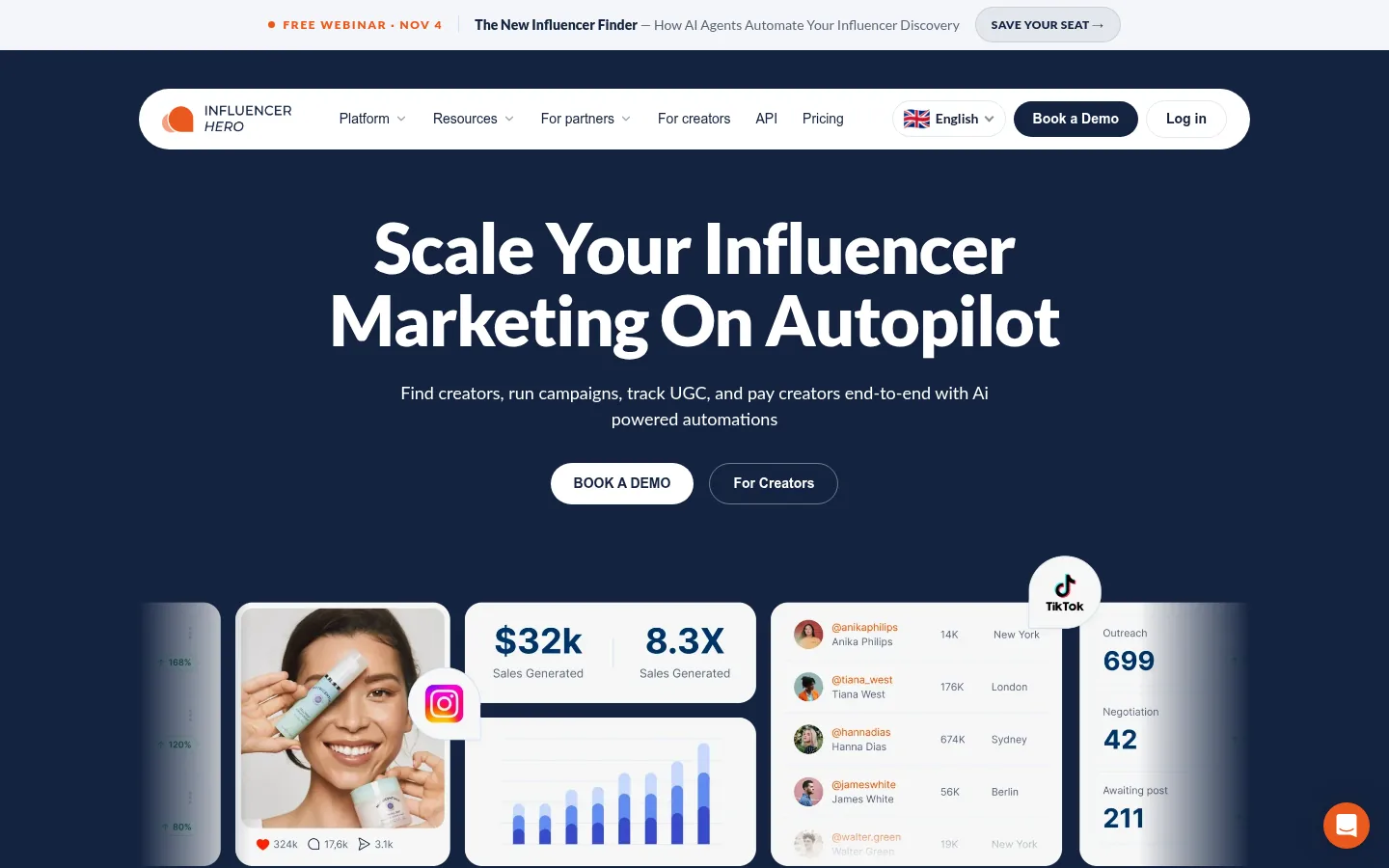 Influencer Hero website, showing the homepage