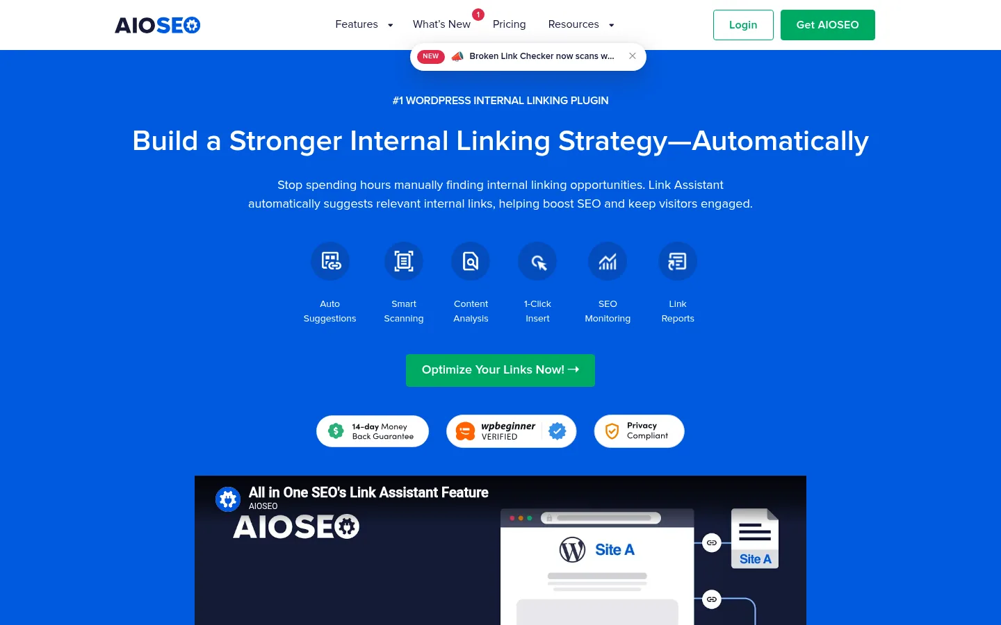 AIOSEO Link Assistant website, showing the Link Assistant feature page