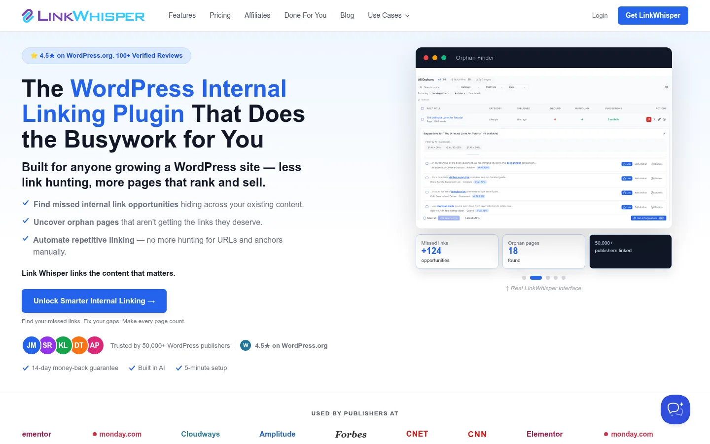Link Whisper website, showing the homepage