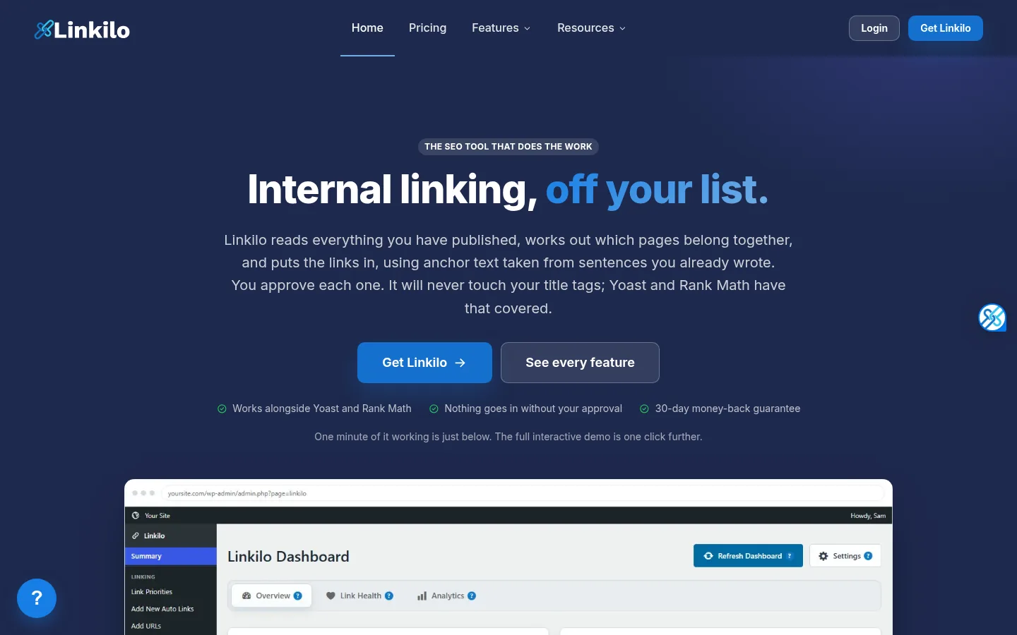 Linkilo website, showing the homepage