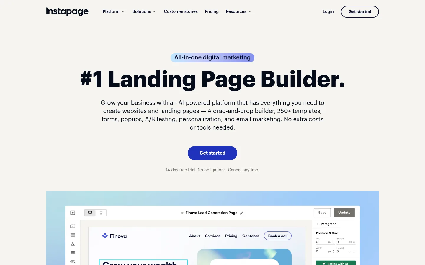 Instapage website, showing the homepage