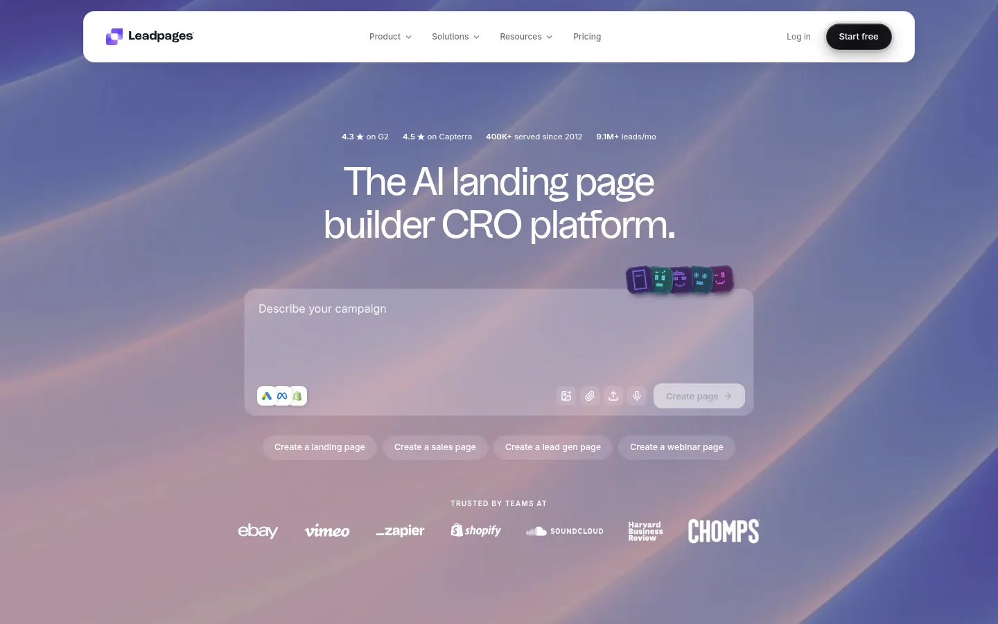 Leadpages website, showing the homepage