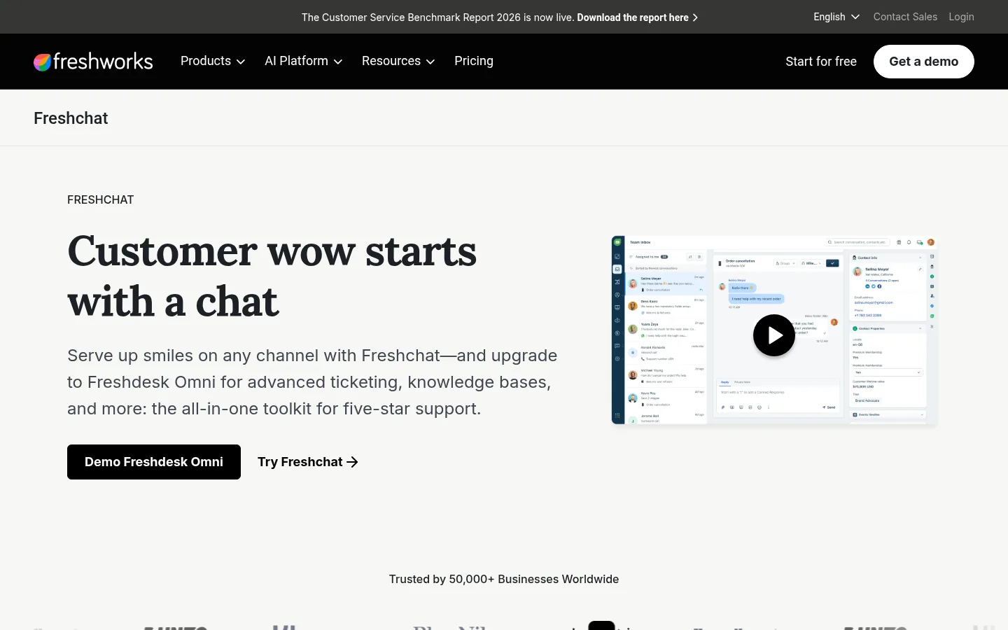 Freshchat website, showing the Freshchat product page