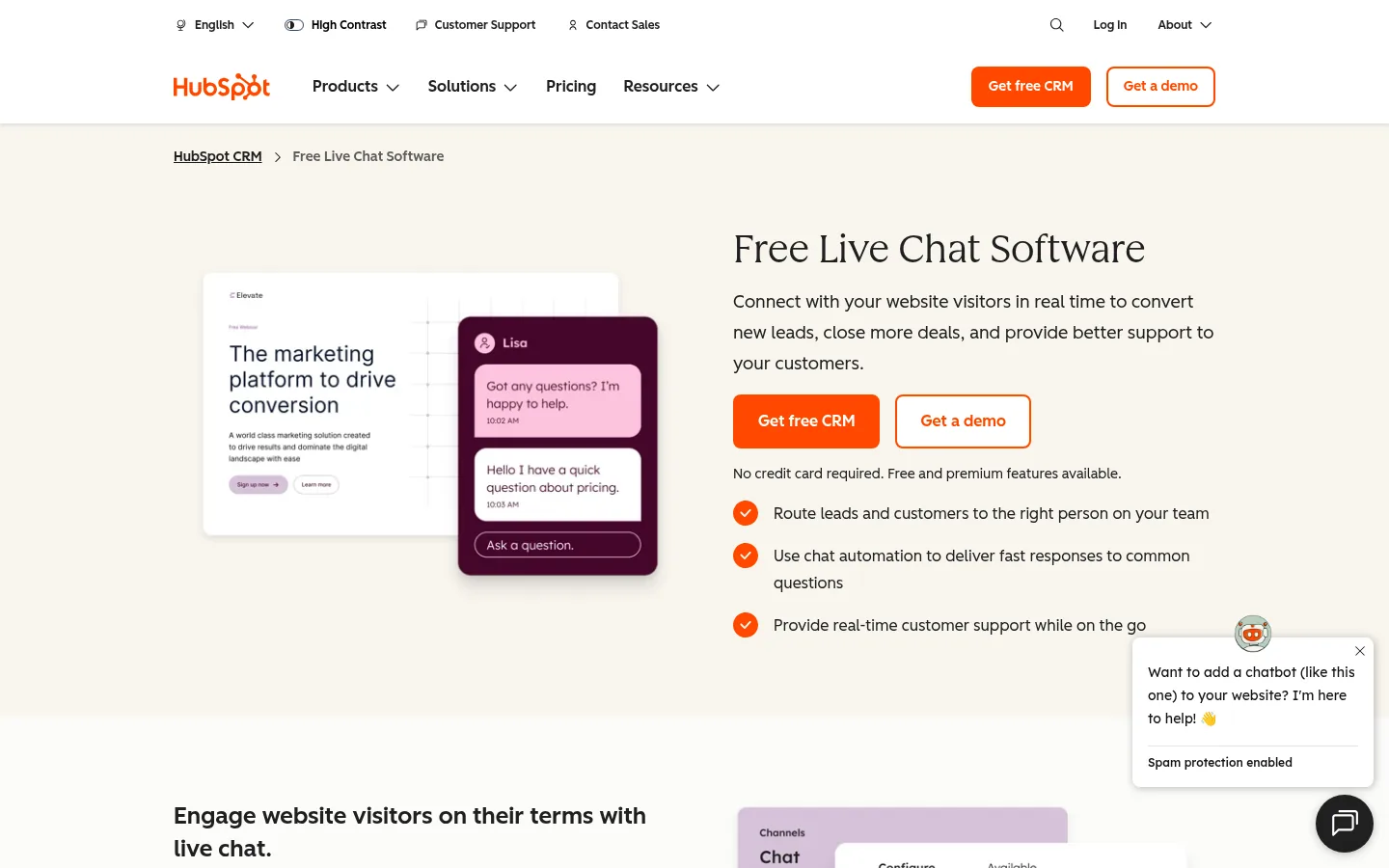 HubSpot Live Chat website, showing the free live chat product page