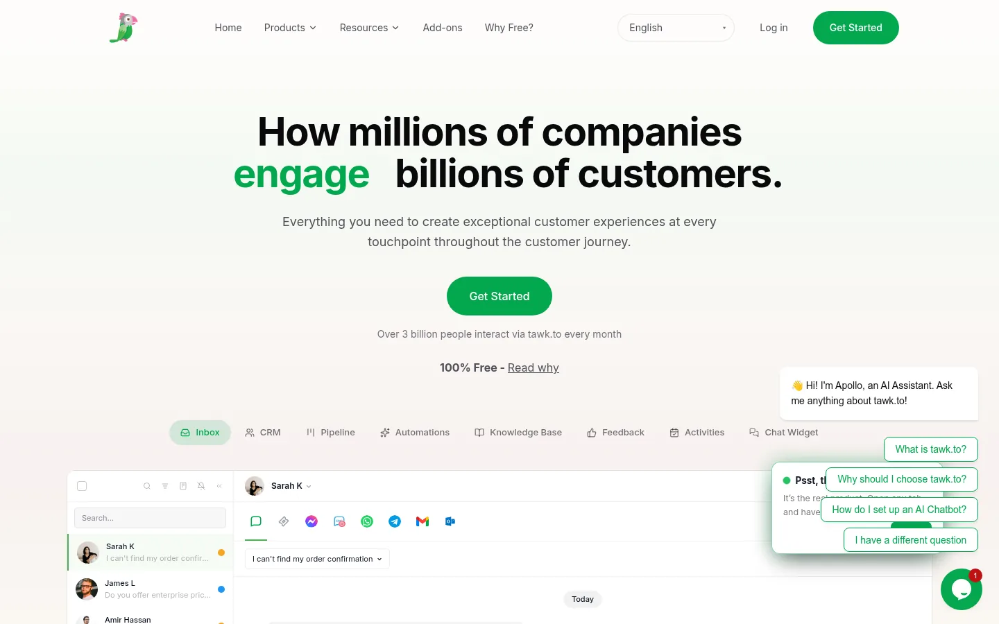 Tawk.to website, showing the homepage