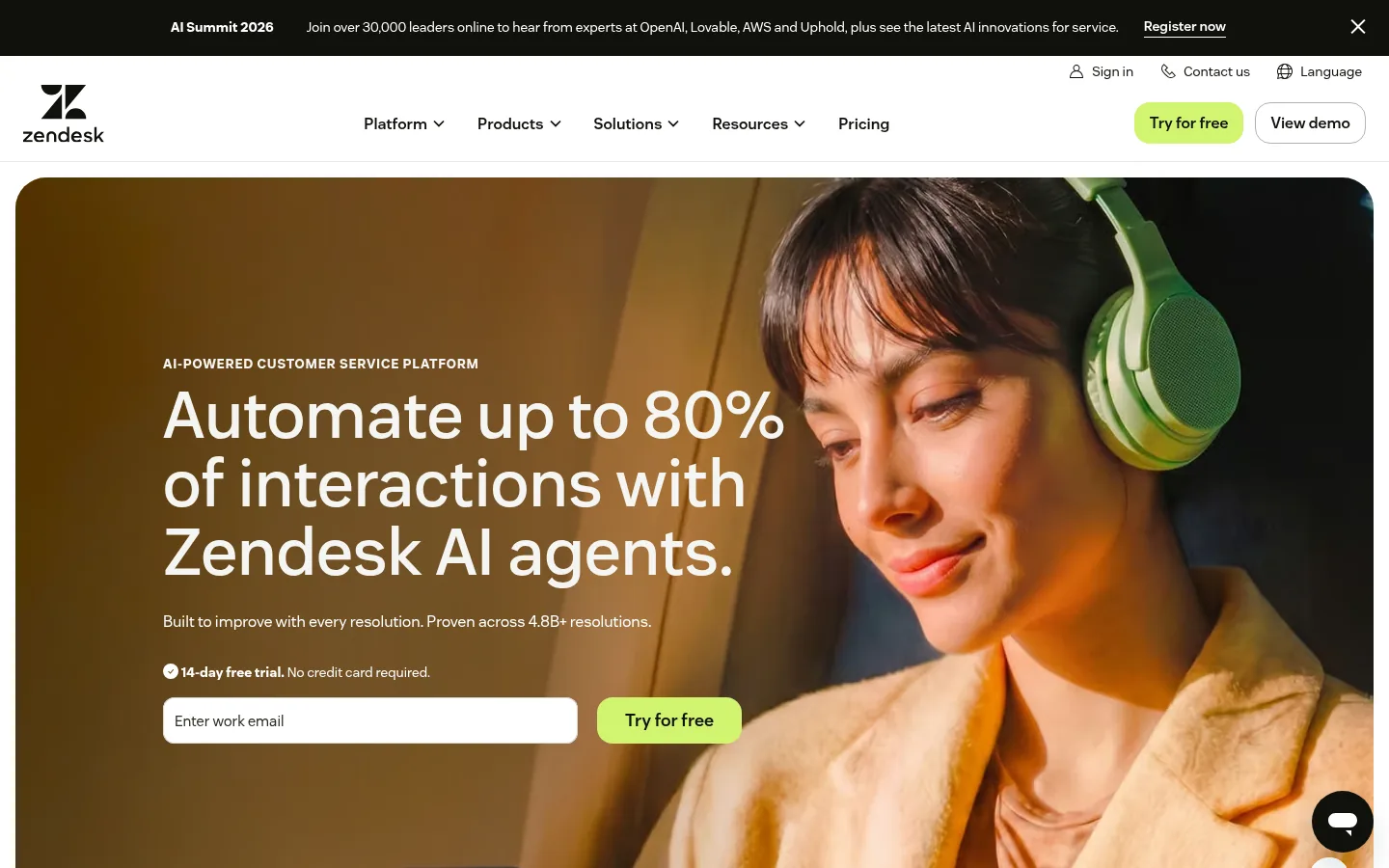 Zendesk website, showing the homepage