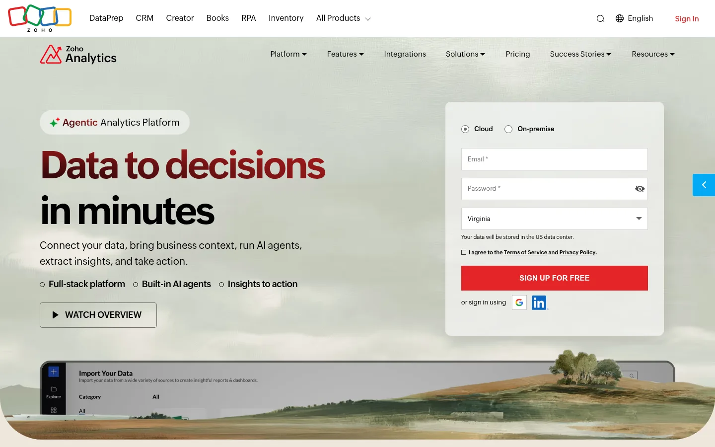 Zoho Analytics website, showing the Zoho Analytics product page