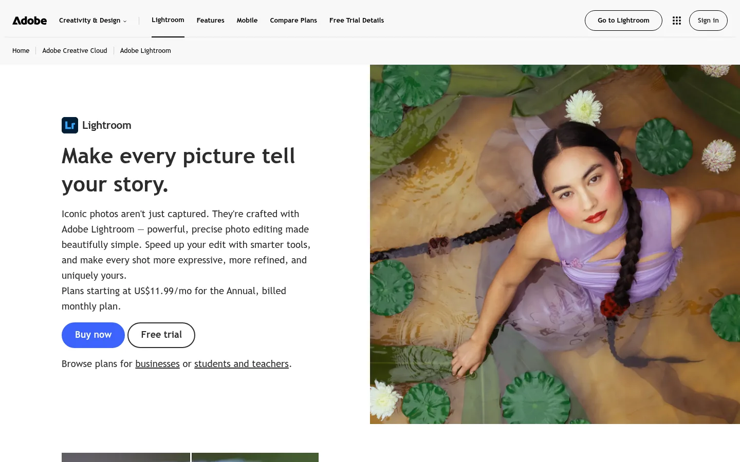 Adobe Lightroom website, showing the Lightroom product page