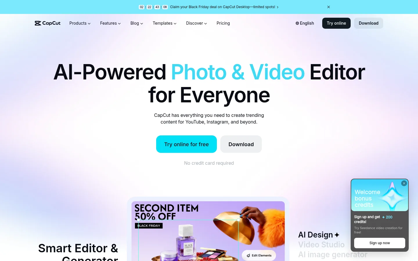 CapCut website, showing the homepage