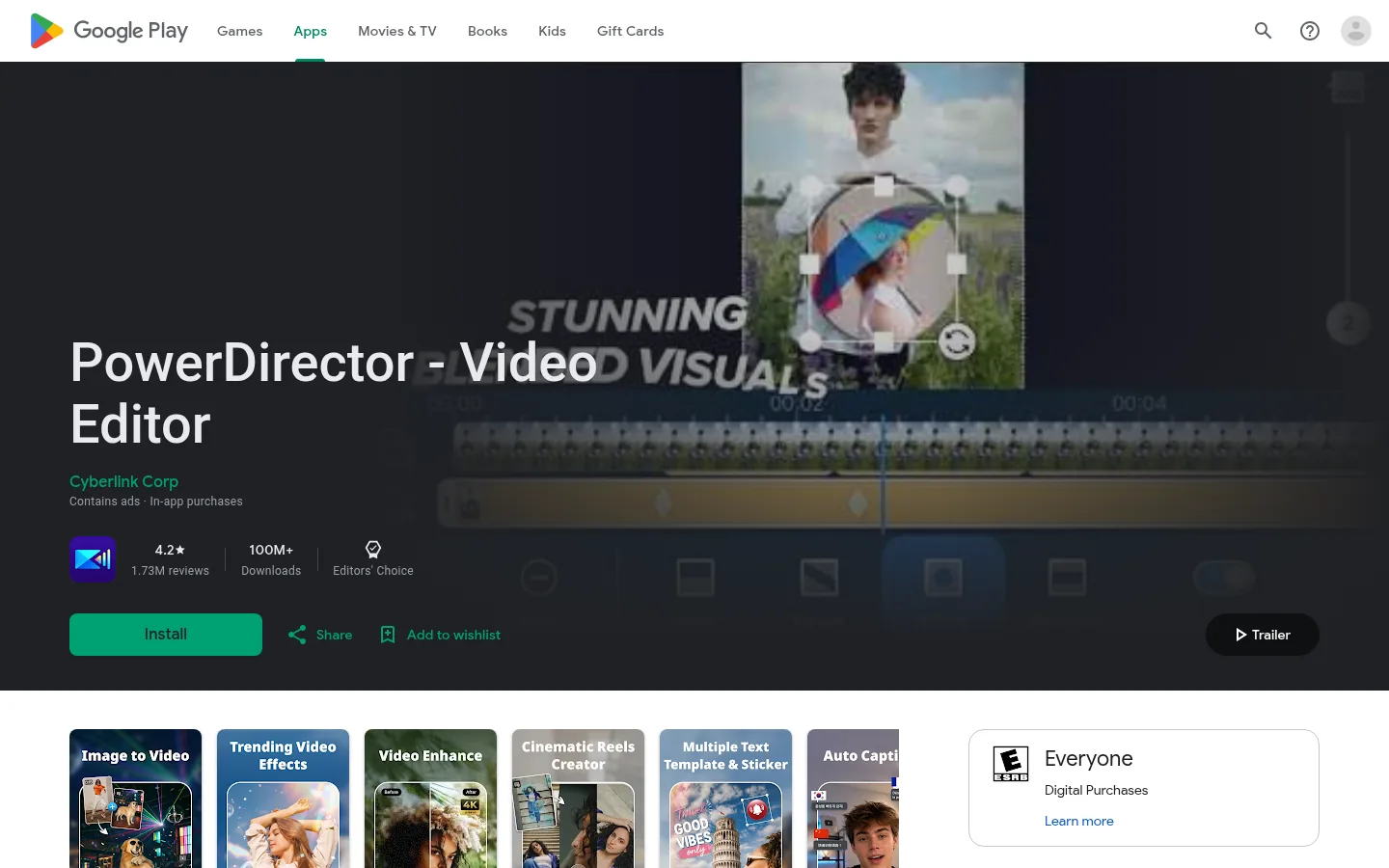 PowerDirector website, showing the Google Play listing