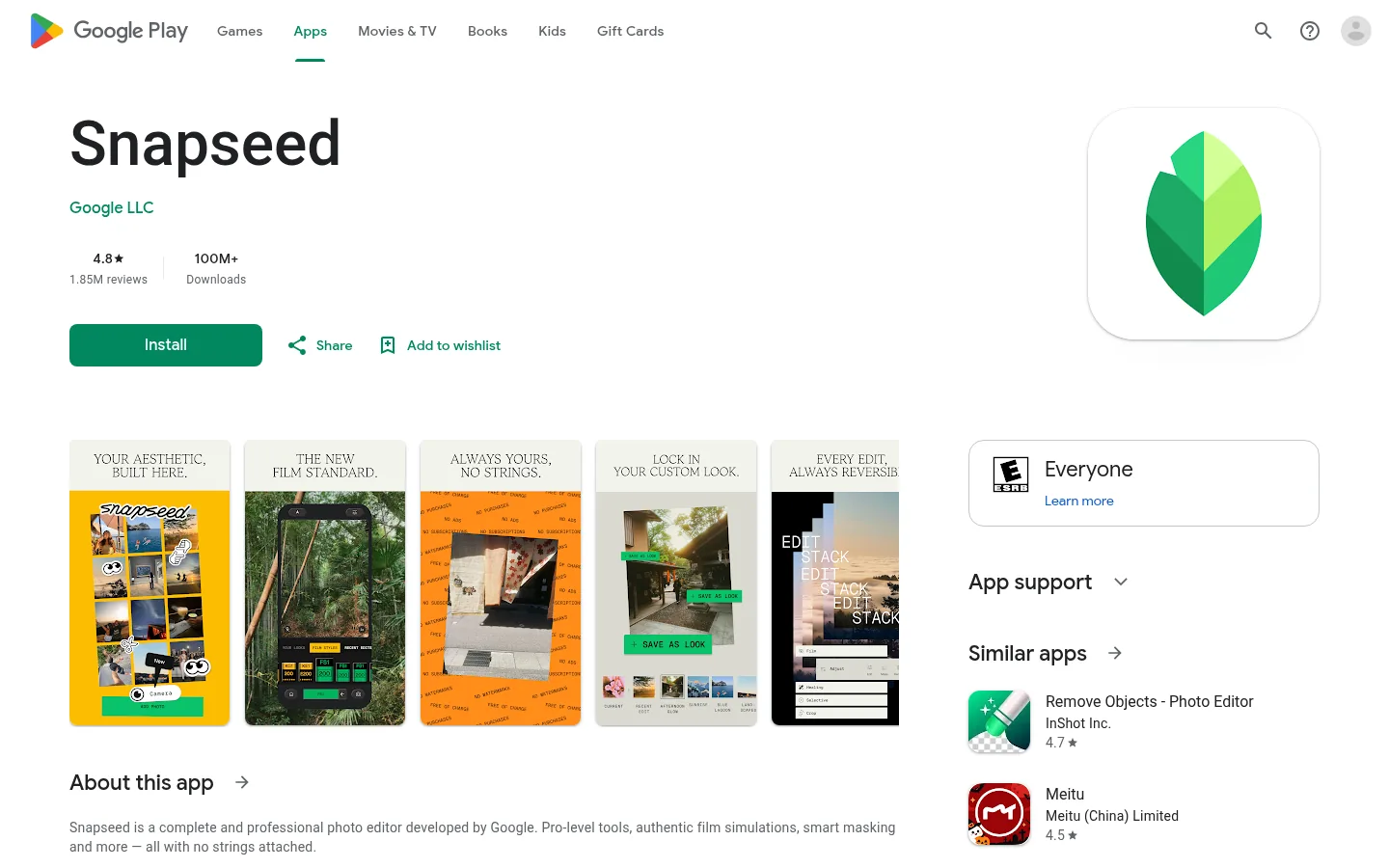 Snapseed website, showing the Google Play listing