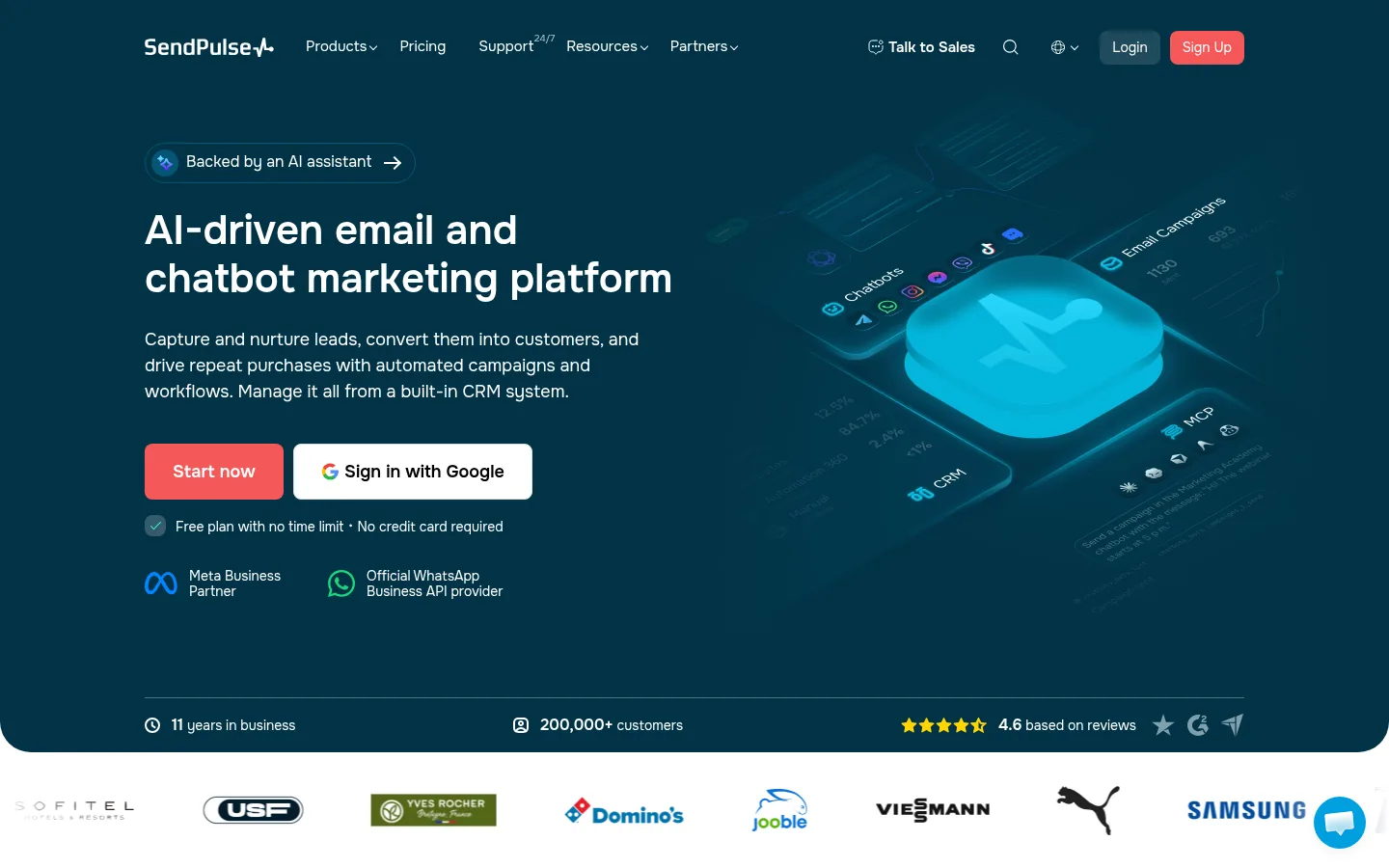 SendPulse website, showing the homepage