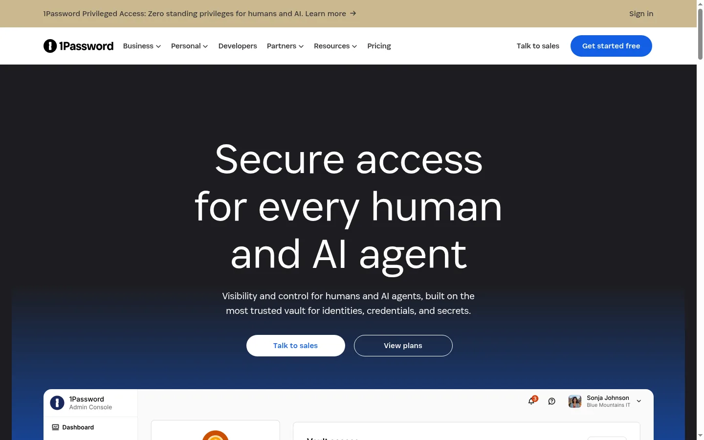 1Password website, showing the homepage