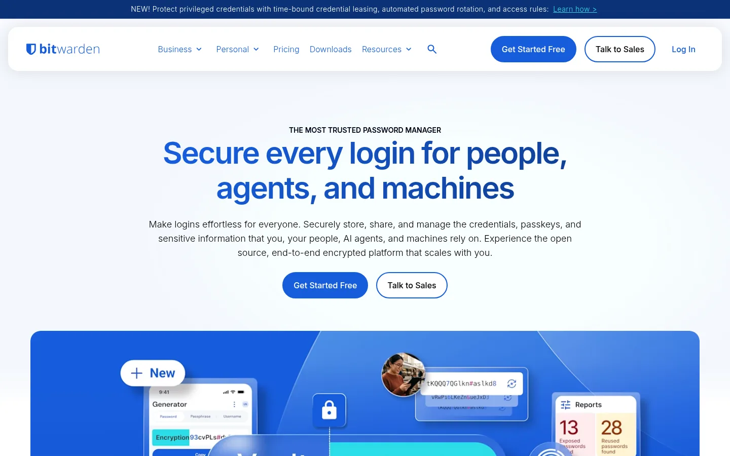 Bitwarden website, showing the homepage