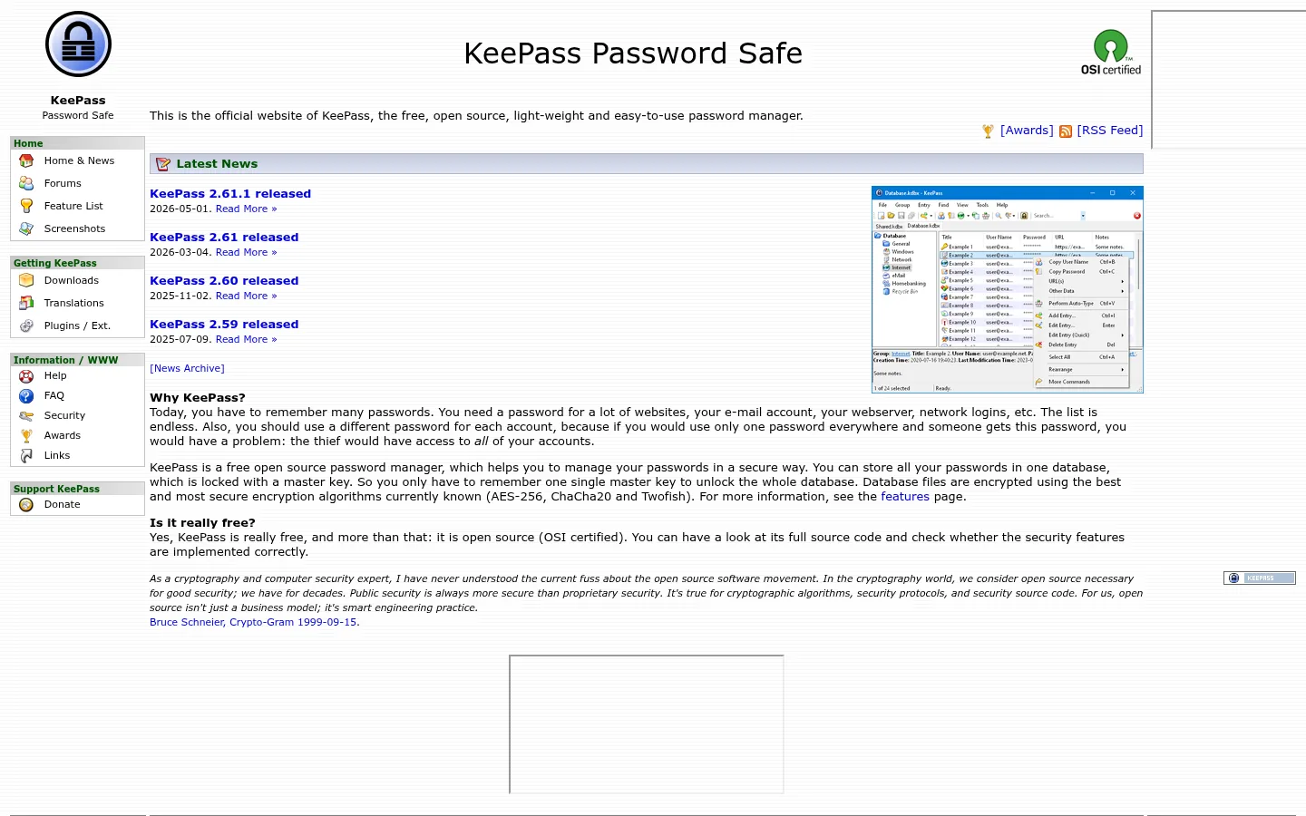 KeePass website, showing the homepage
