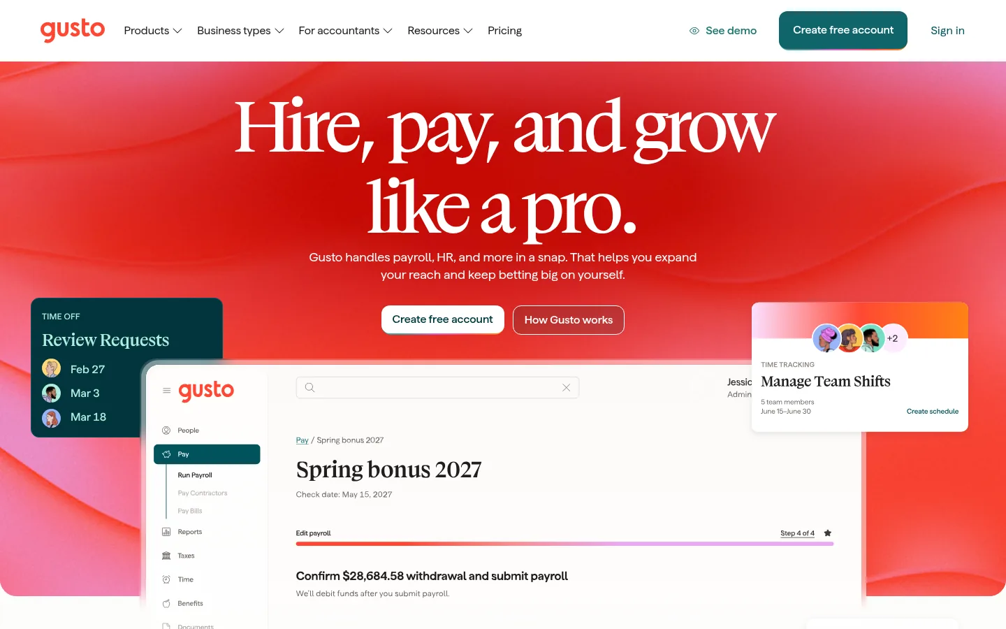 Gusto website, showing the homepage