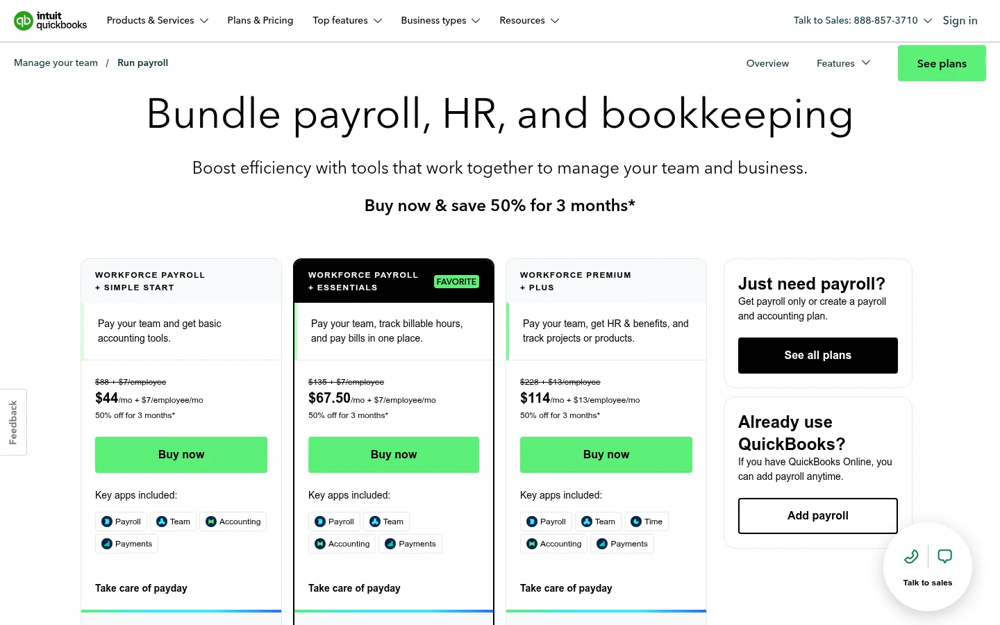 QuickBooks Payroll website, showing the payroll pricing page