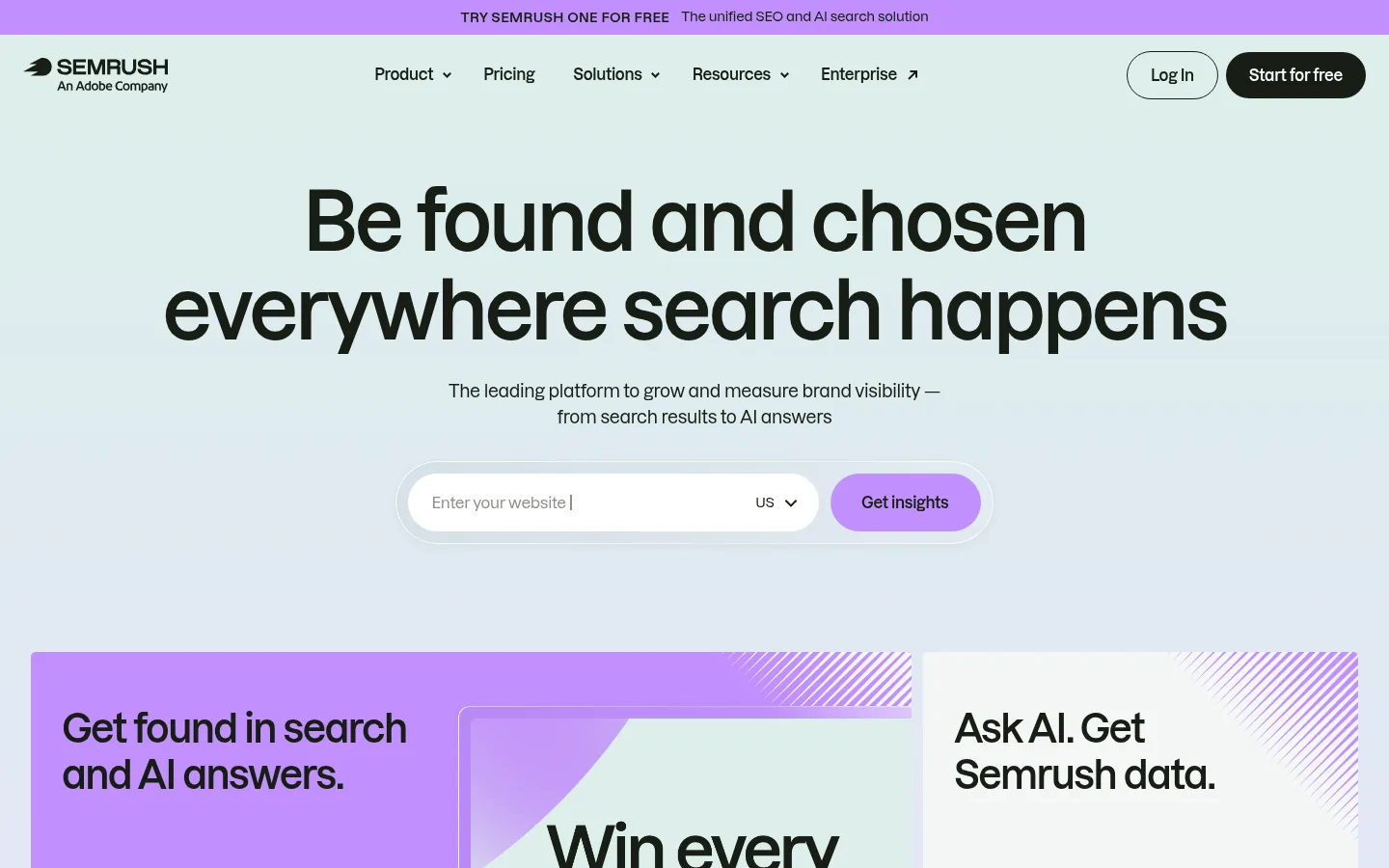 Semrush website, showing the homepage