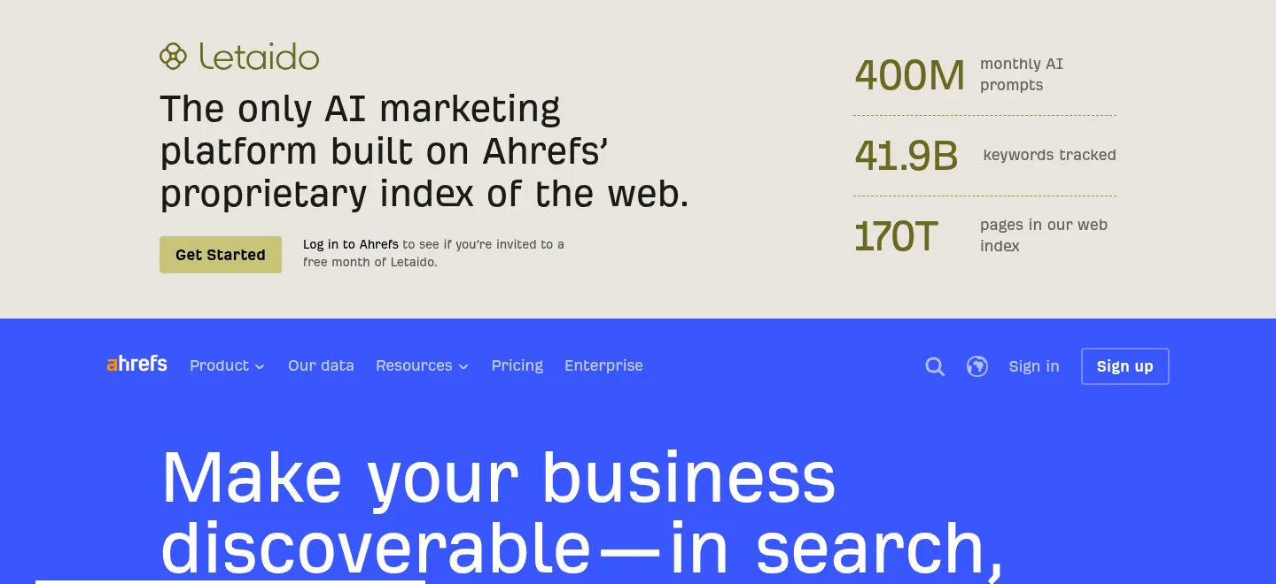 Ahrefs website, showing the home page with the Letaido banner above the main AI search headline
