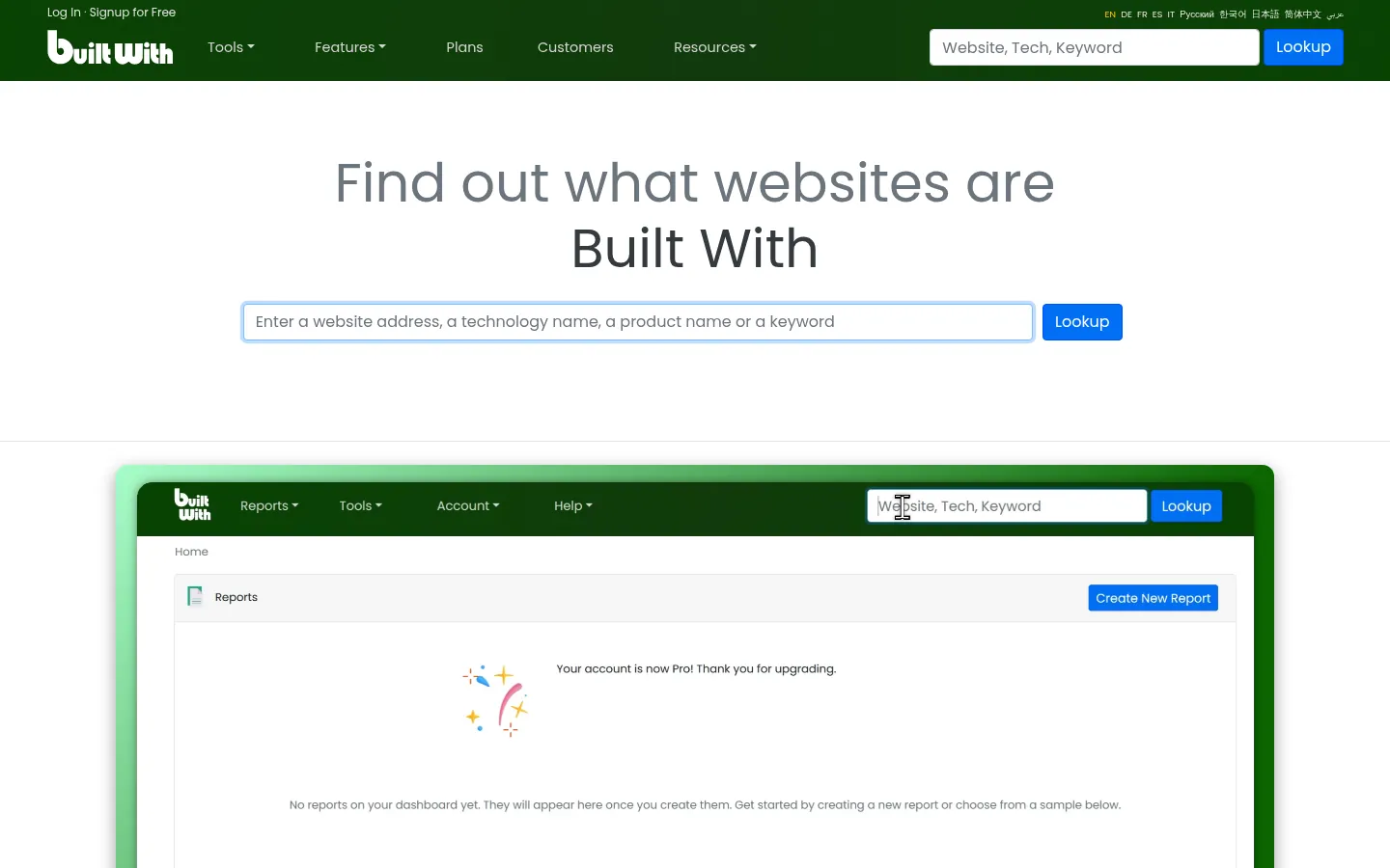 BuiltWith website, showing the home page with a technology lookup search box