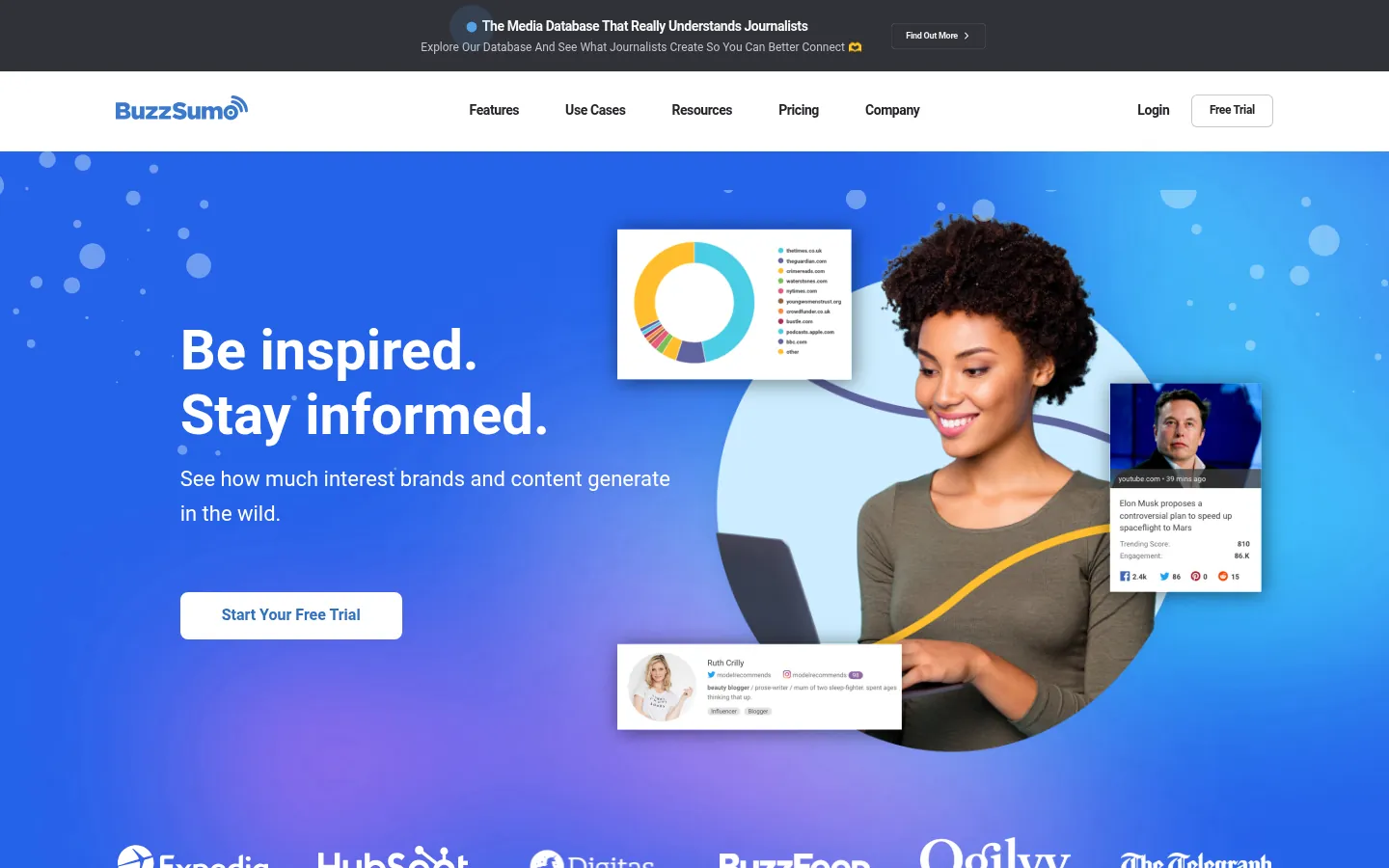 BuzzSumo website, showing the home page with its content research headline and a trial button