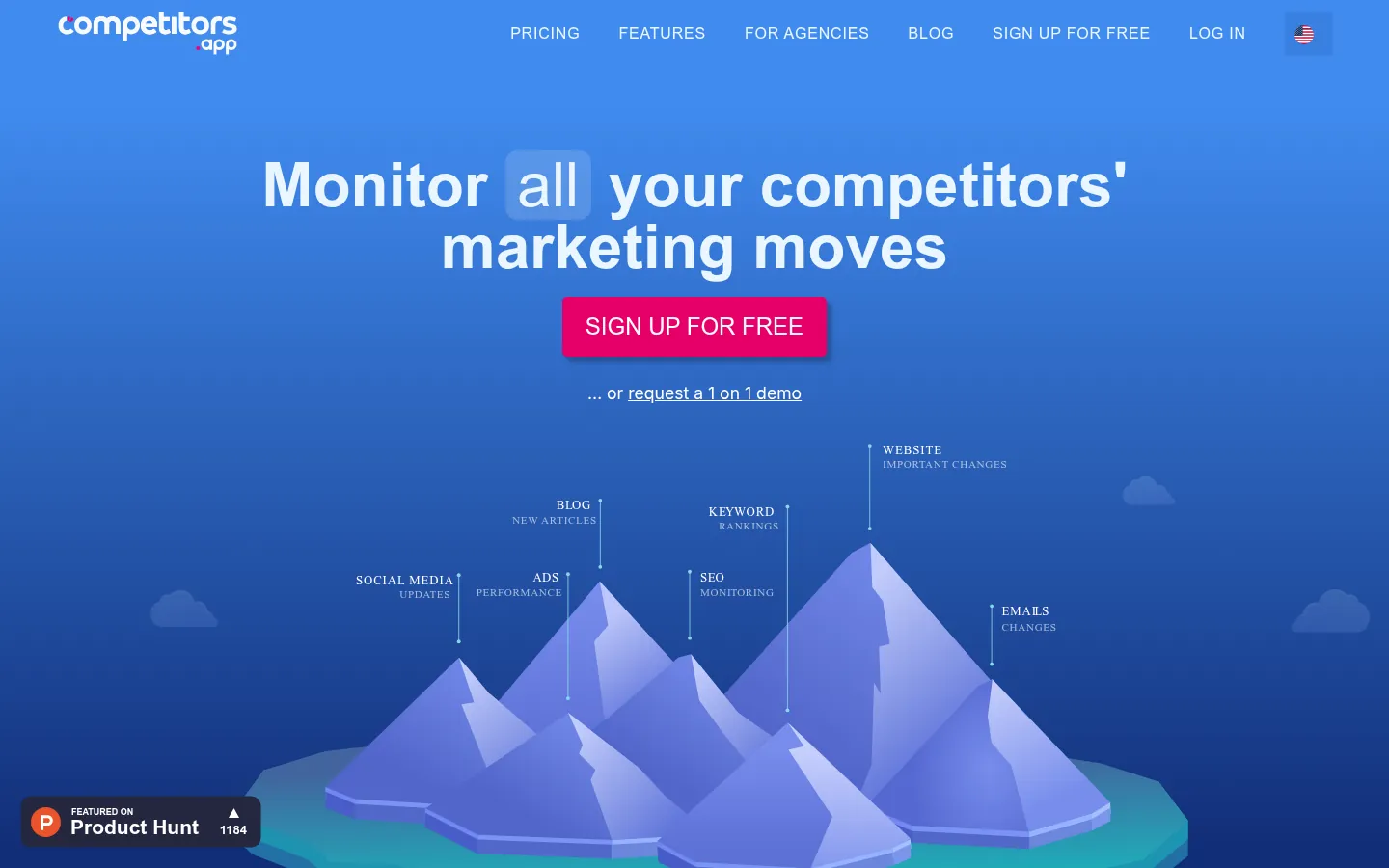 Competitors App website, showing the home page on monitoring competitor marketing moves with a sign up button