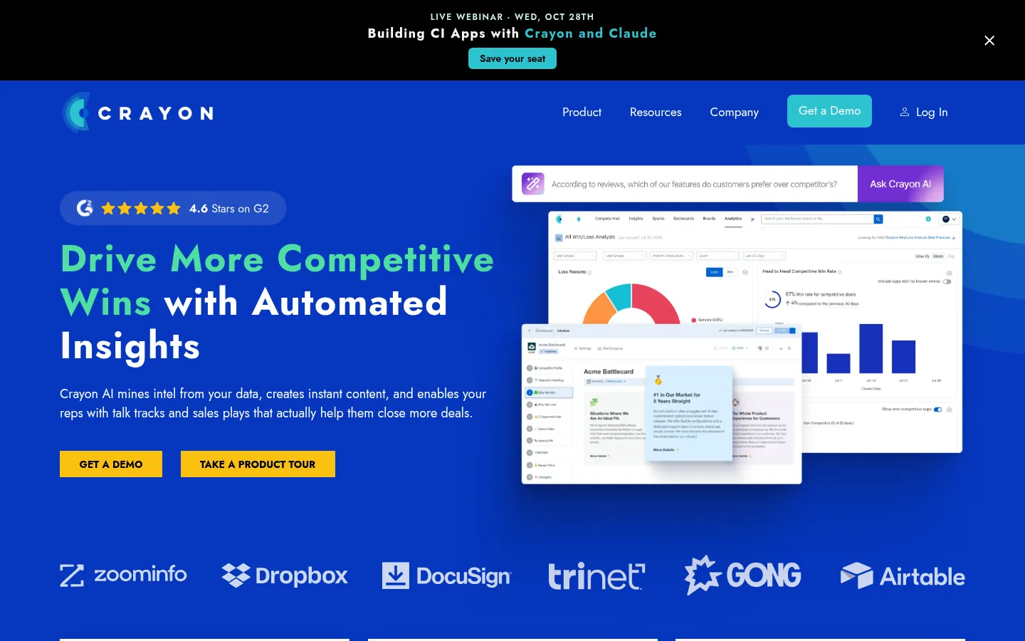 Crayon website, showing the home page on competitive insights beside a dashboard preview