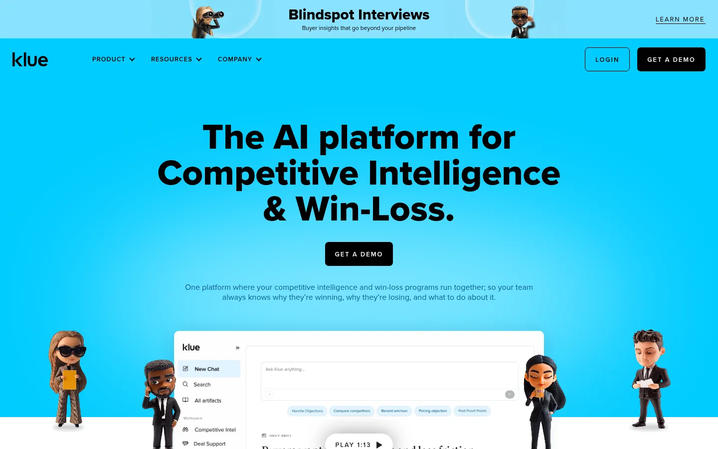 Klue website, showing the home page on AI competitive intelligence and win loss analysis
