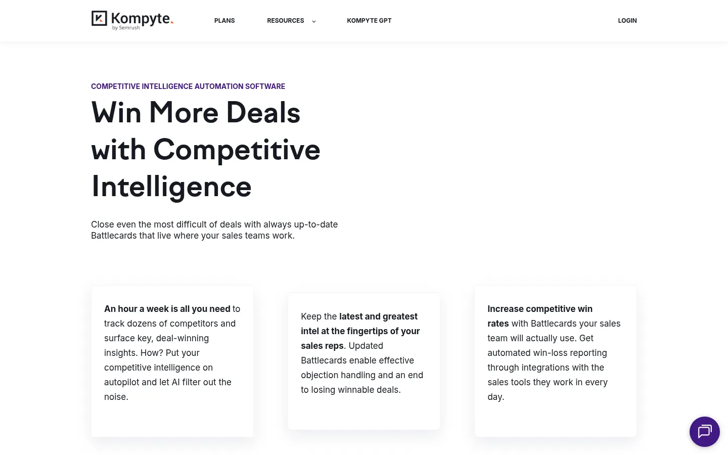 Kompyte website, showing the home page on competitive intelligence automation for sales teams