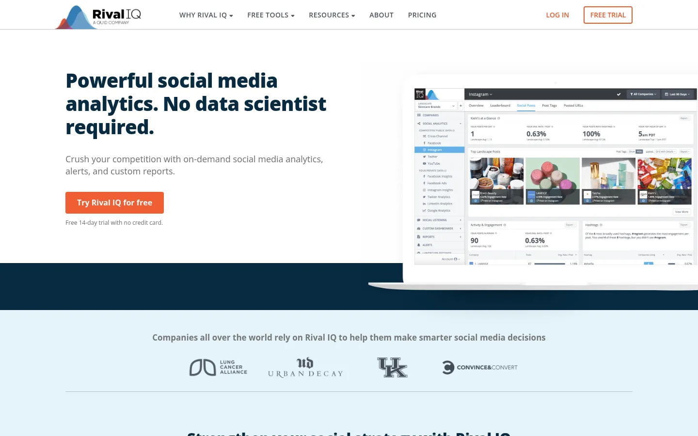 Rival IQ website, showing the home page on social media analytics beside a dashboard preview