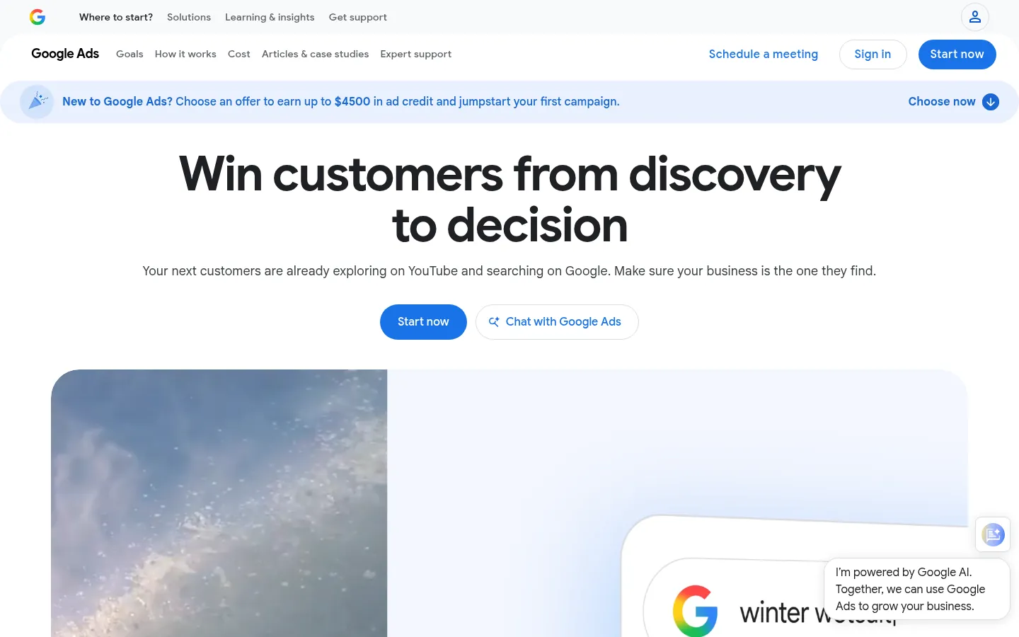 Google Ads website, showing the Google Ads home page headline and a start now button