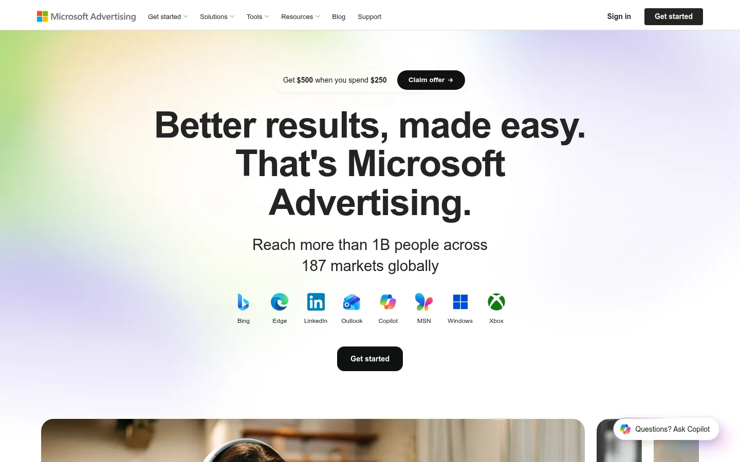Microsoft Advertising website, showing the home page headline with logos of partner platforms