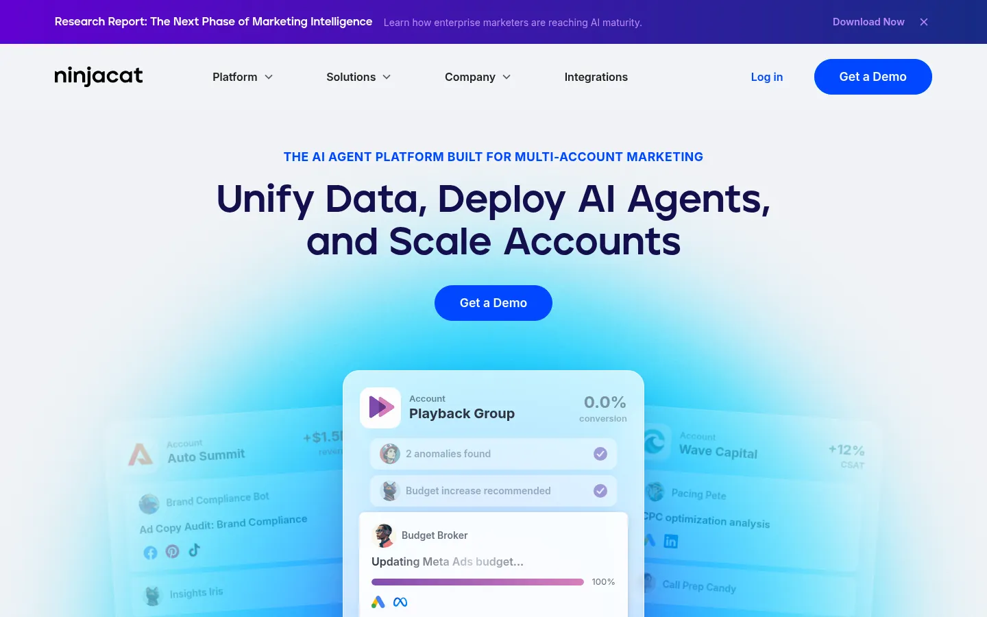 NinjaCat website, showing the home page on AI agents for multi account marketing above account cards