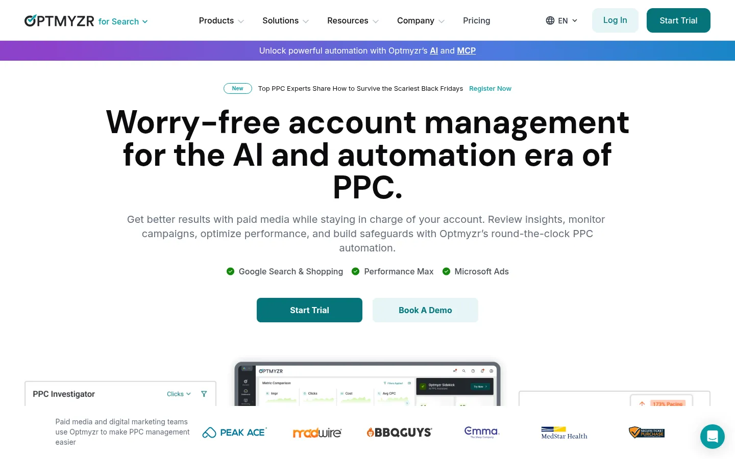 Optmyzr website, showing the home page on PPC account management with a free trial button