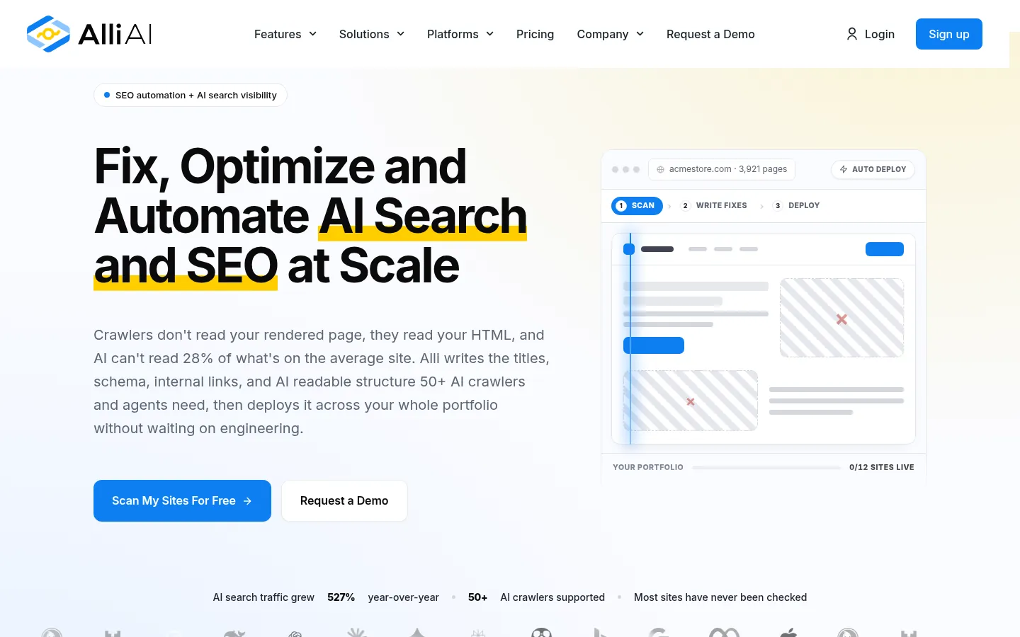 Alli AI website, showing the home page on automating AI search and SEO at scale