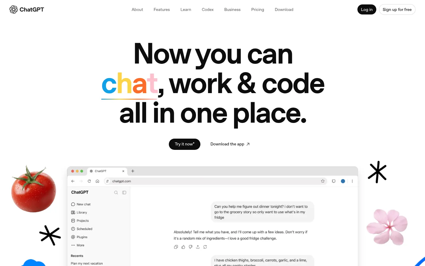 ChatGPT website, showing the ChatGPT overview page above a chat window preview