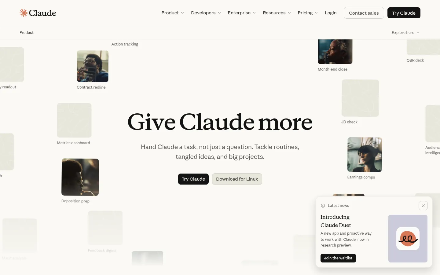 Claude website, showing the product overview page with a try Claude button