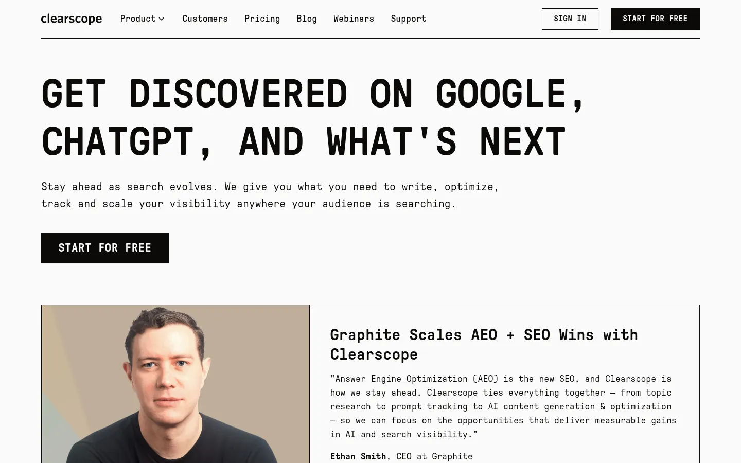 Clearscope website, showing the home page on search and AI discovery with a start for free button