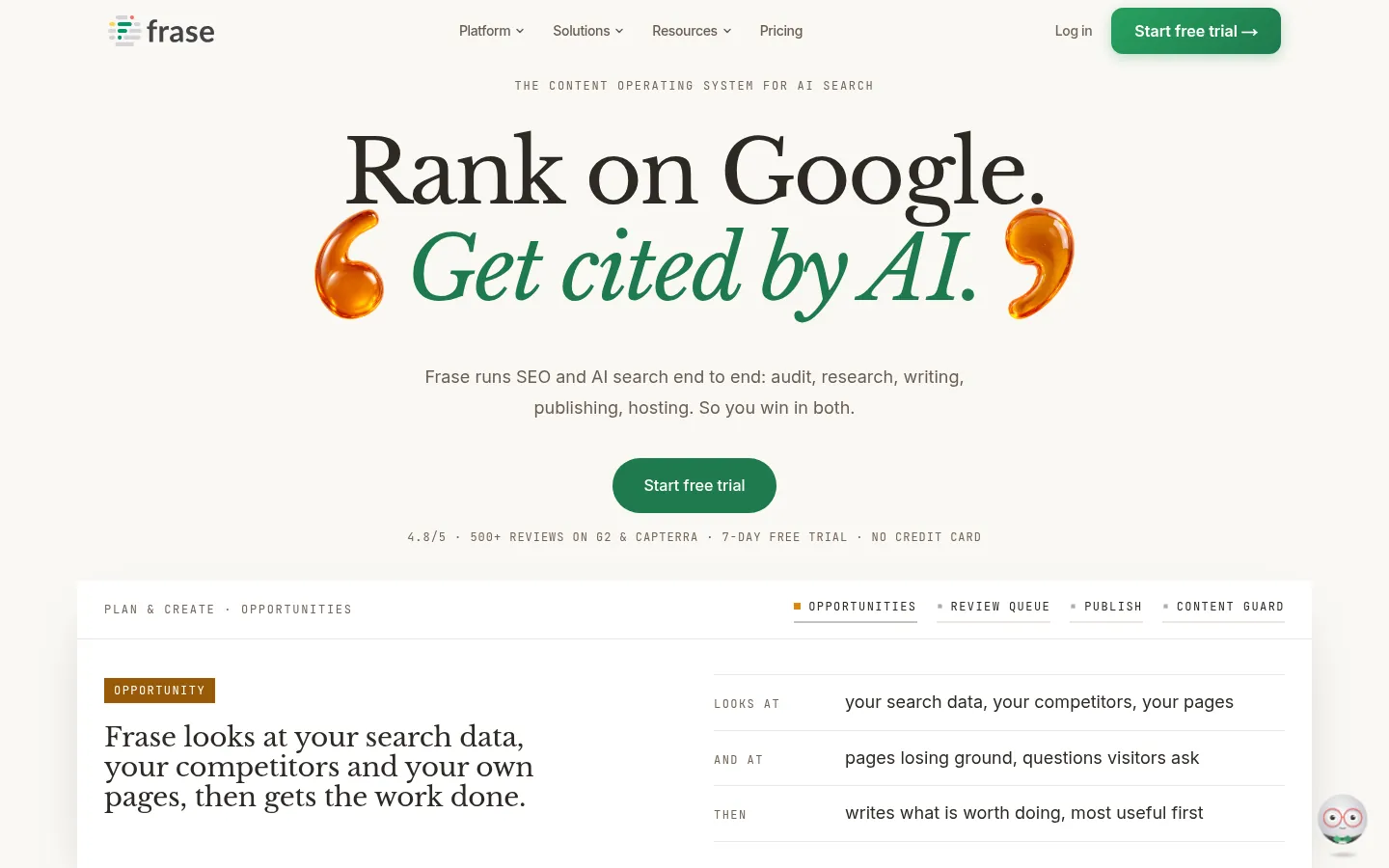 Frase website, showing the home page headline on ranking in Google and AI answers