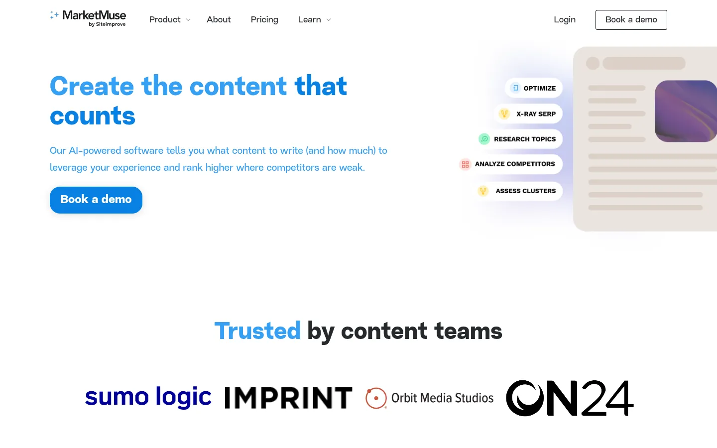 MarketMuse website, showing the home page on content planning with a book a demo button